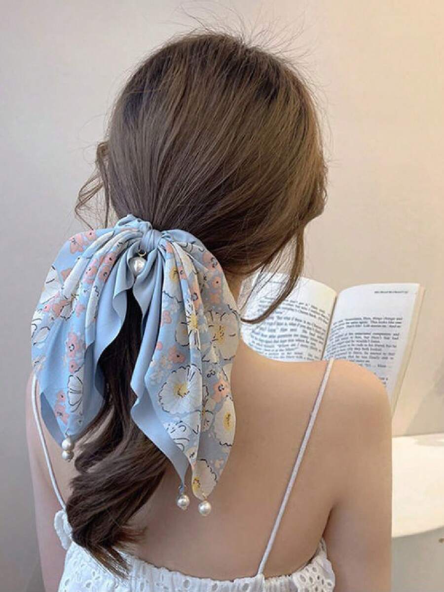 Blue Floral Bow Hair Tie with Pearls